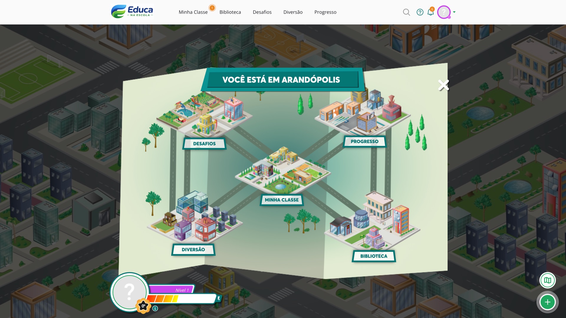 Cidade virtual Arandópolis — mapa interativo do Educa na Escola